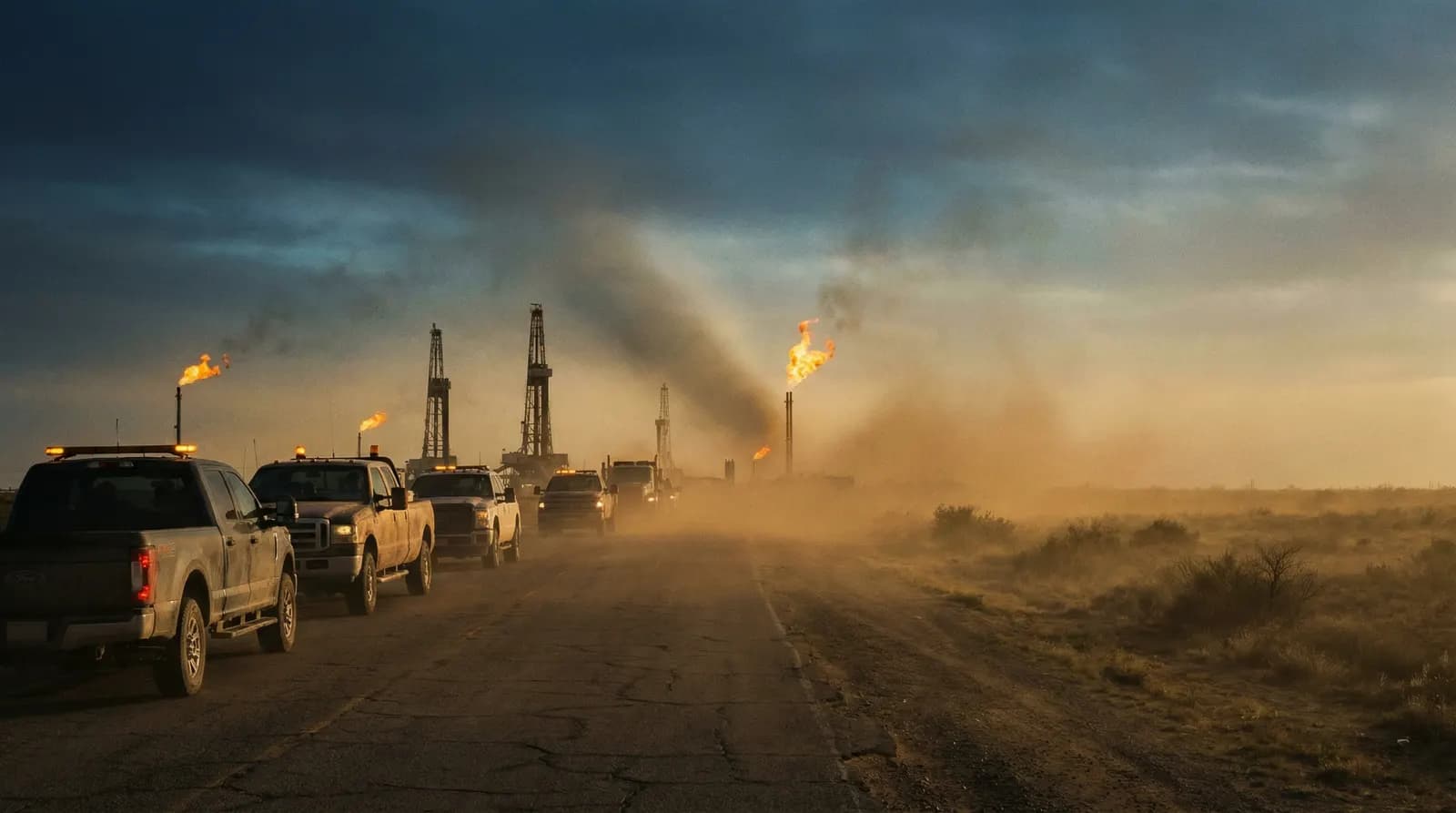 Dusty oilfield truck convoy near drilling rigs, representing long shifts and fatigue in the Permian Basin