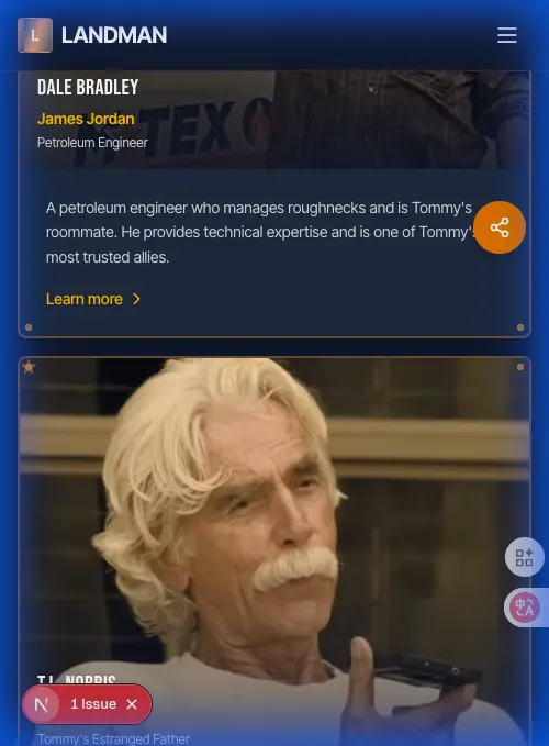 Mobile character card layout for Landman cast coverage