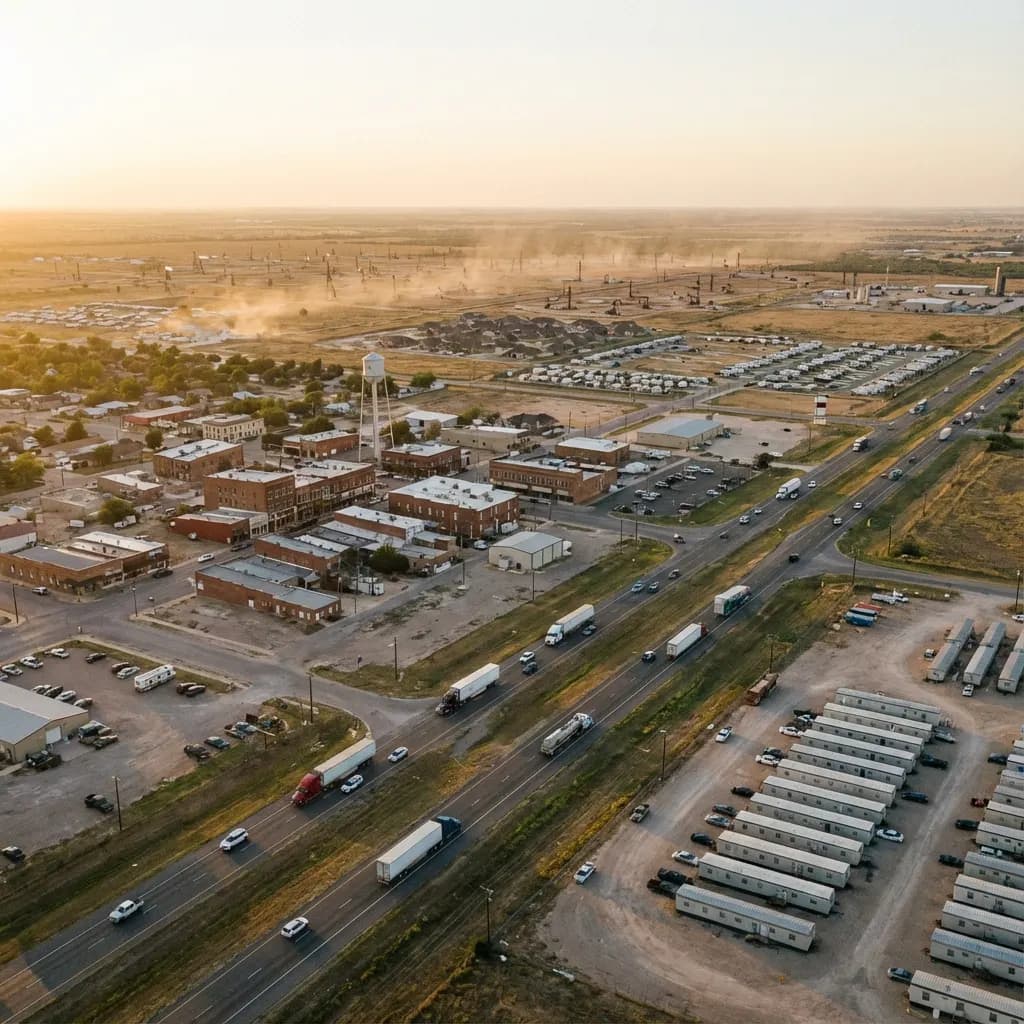 Aerial view of Texas boom town showing oil derricks and man camps